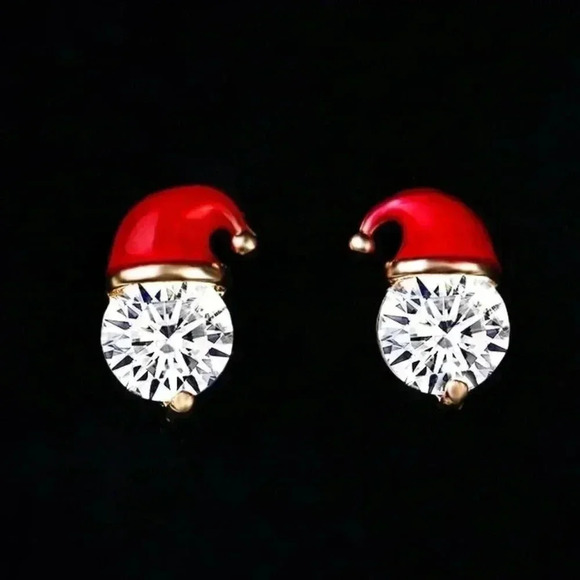 *NEW* 18K Gold Plated Stainless Steel Santa Hat Earrings w/ Cubic Zicornia - Picture 6 of 8